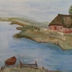 Aquarellbild Reetdachhaus am Fluss